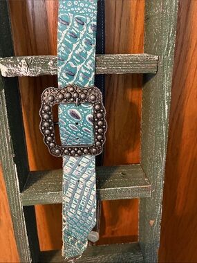 Turquoise Embossed Leather Bag Strap with Decorative Buckle